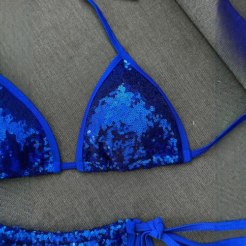 Blue sequined bikini women's triangular cup hanging neck strap sexy swimsuit set