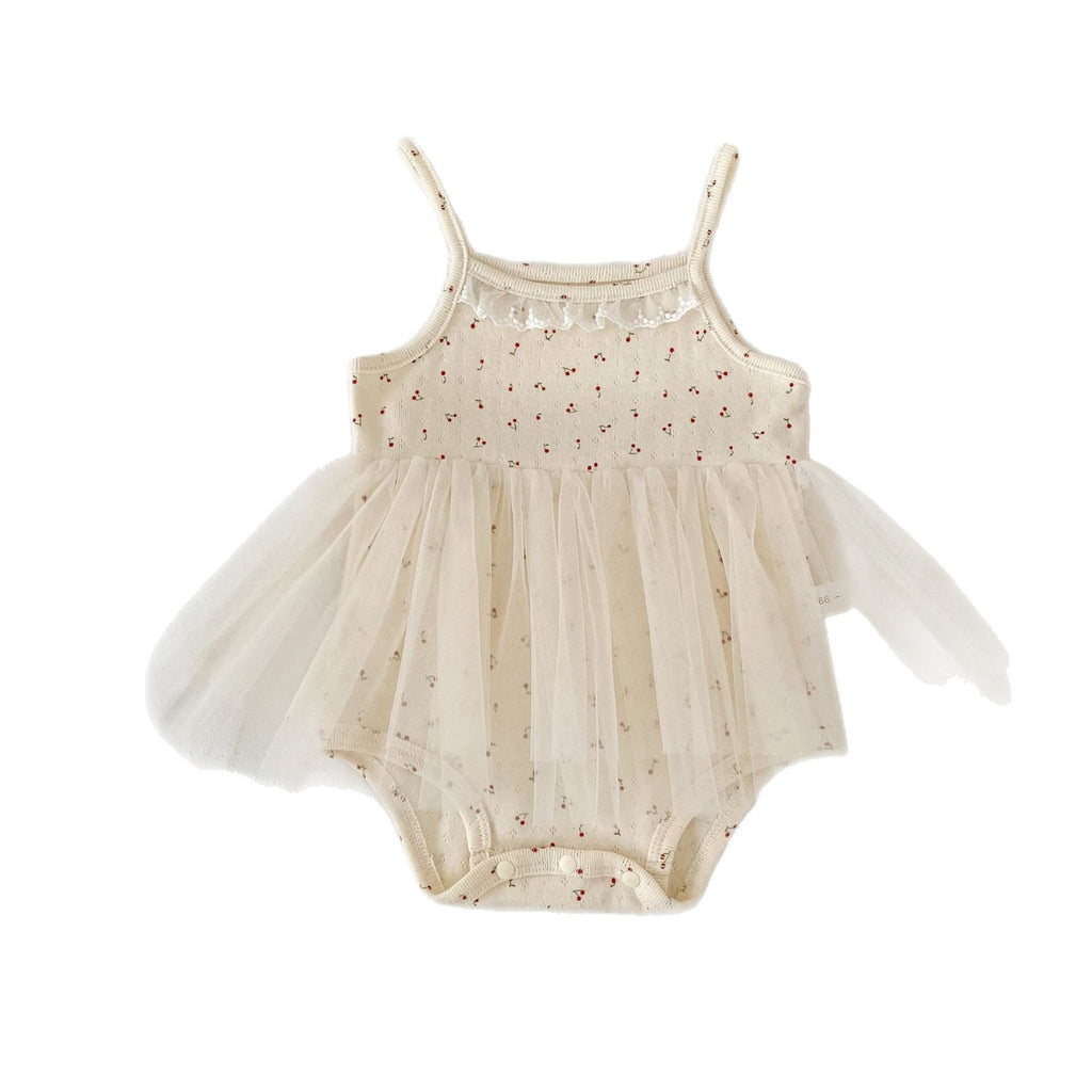 Cute Floral Tulle Romper for Baby Girls Summer Sweet Strap Bodysuit 100 Days Princess Dress Baby Clothes