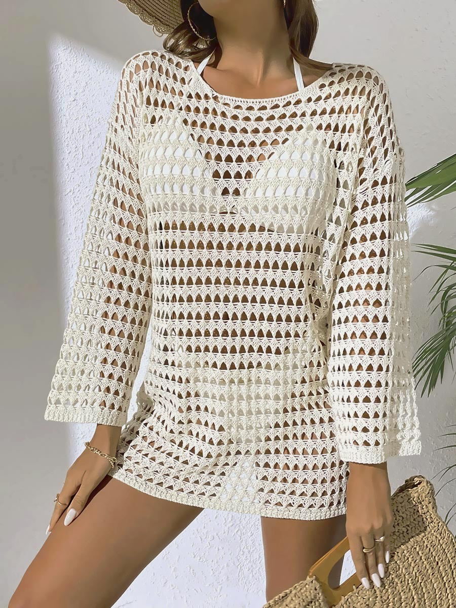 Sexy Knit Hollow Out Pullover Round Neck Long Sleeve Bikini Swimwear Cover-Up