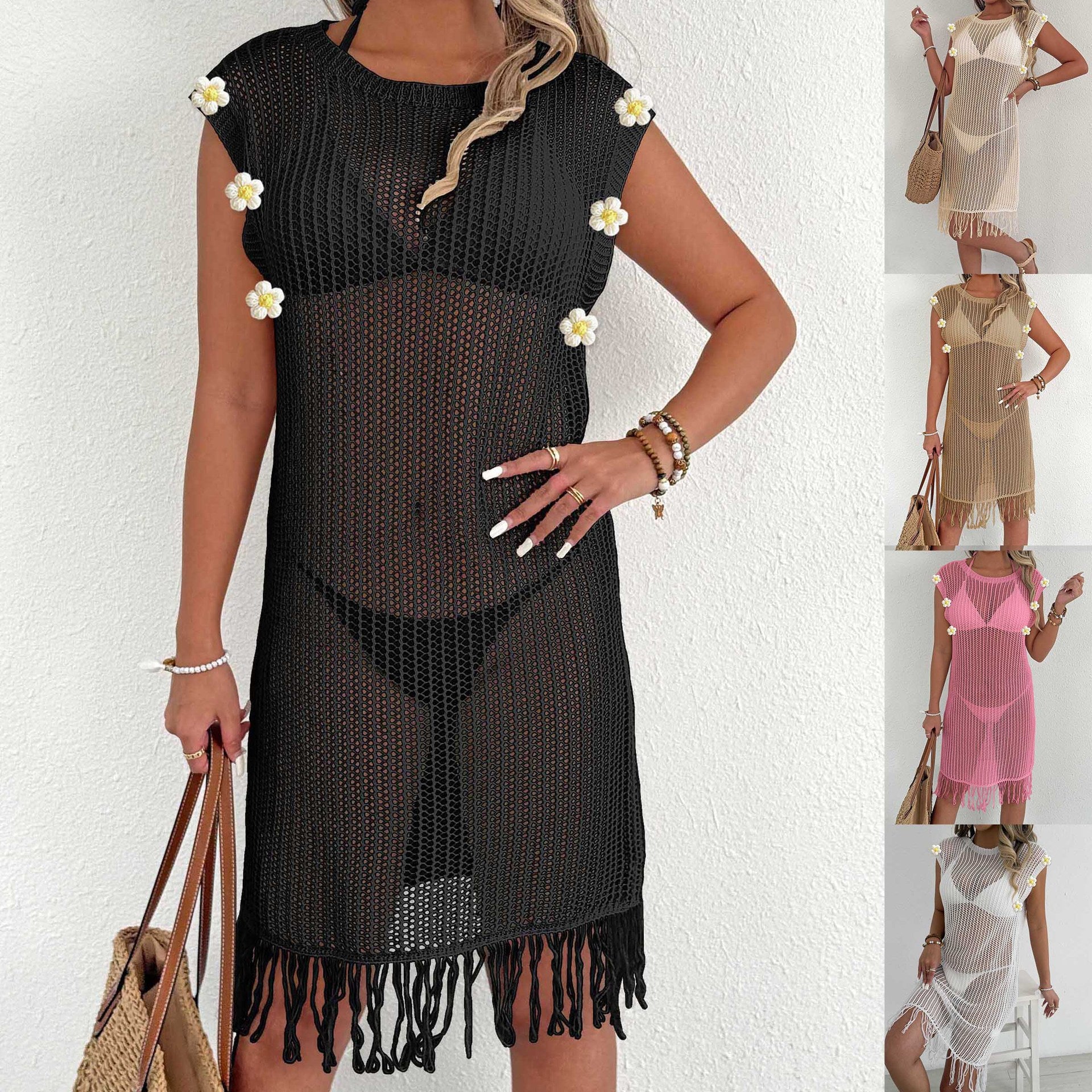 Beach Dress Vacation Bikini Cover-Up  Sexy Hollow-Out Sheer Fringe Patchwork Dress