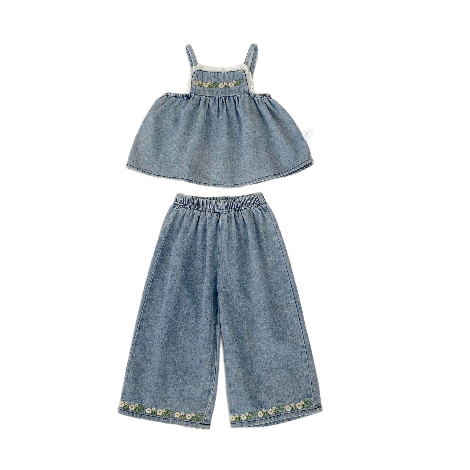 Cute Floral Embroidered Strap Top + Straight Leg Wide Leg Pants Two-Piece Set for Girls Summer Fashion Denim Outfit