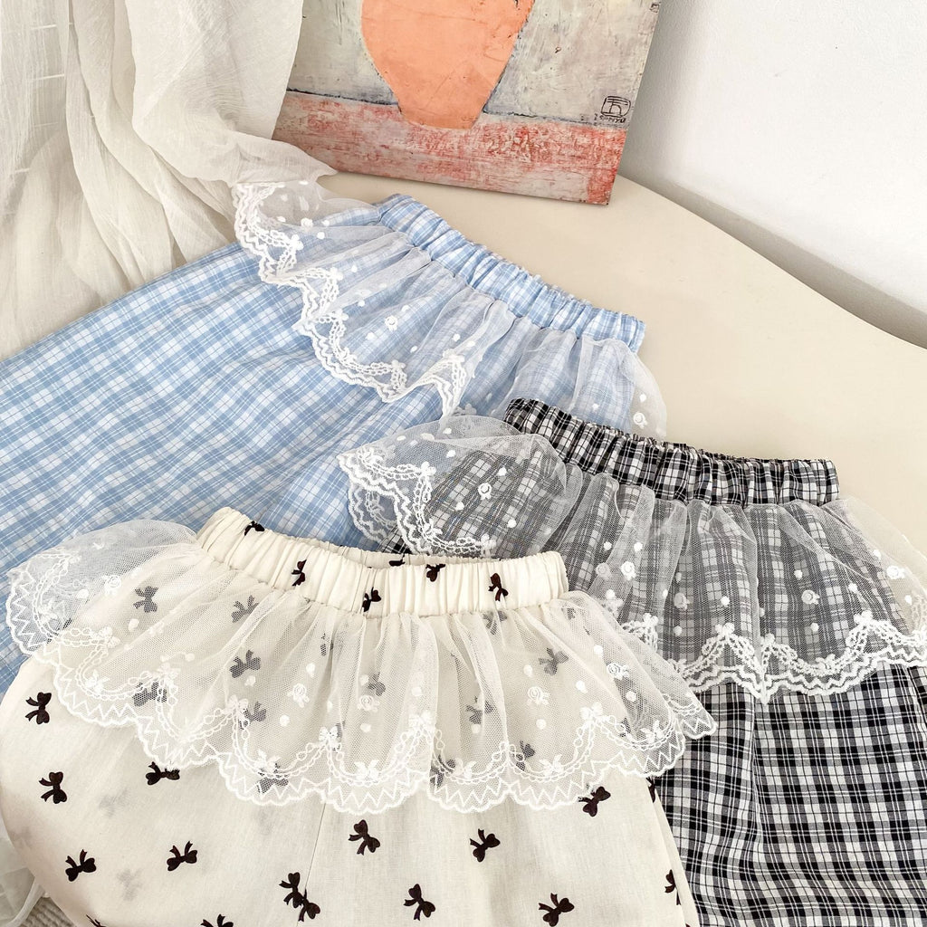 Girls' Summer Lightweight Breathable Wide-Leg Pants with Lace Trim, Three-Color Plaid, Bow Detail, Versatile 9/10th Length Trousers