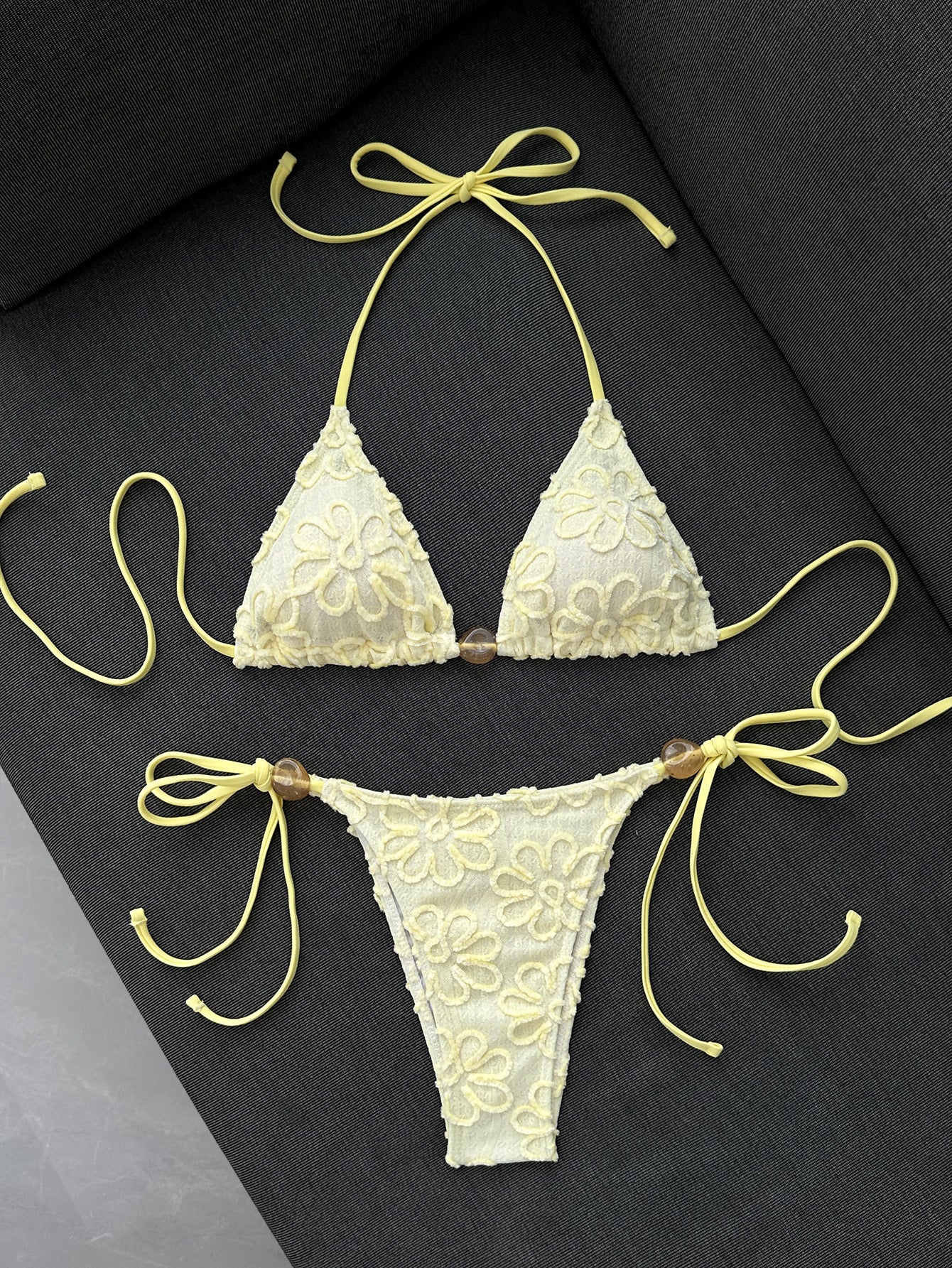 Pink lace bikini women's triangular cup neck strap swimsuit