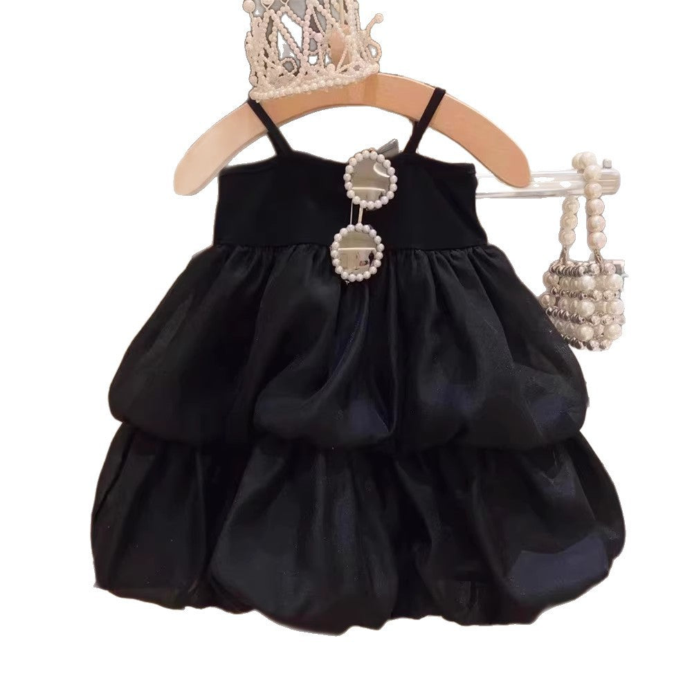 Elegant Pure Color Retro Highbrow Style Sleeveless High-Waisted Bloomed Tiered Dress for Girls