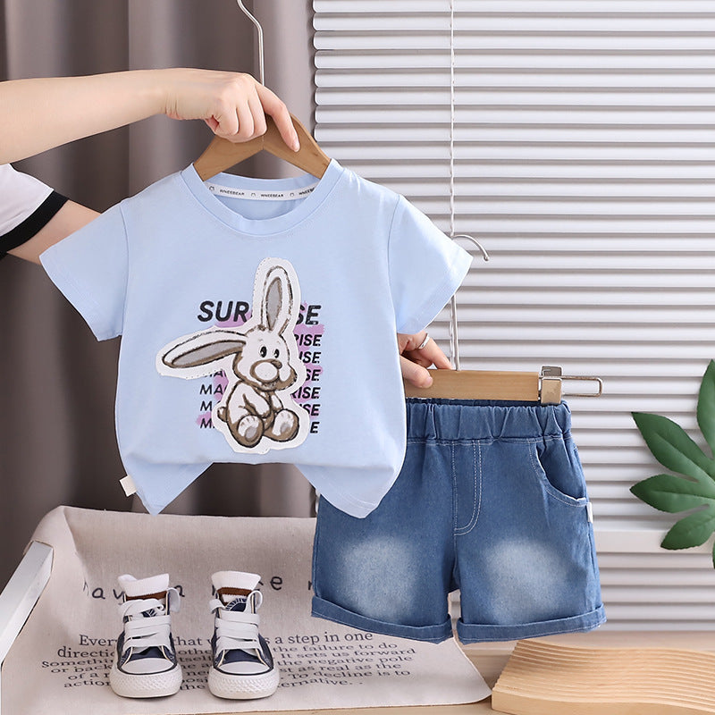 Rabbit print top denim shorts set