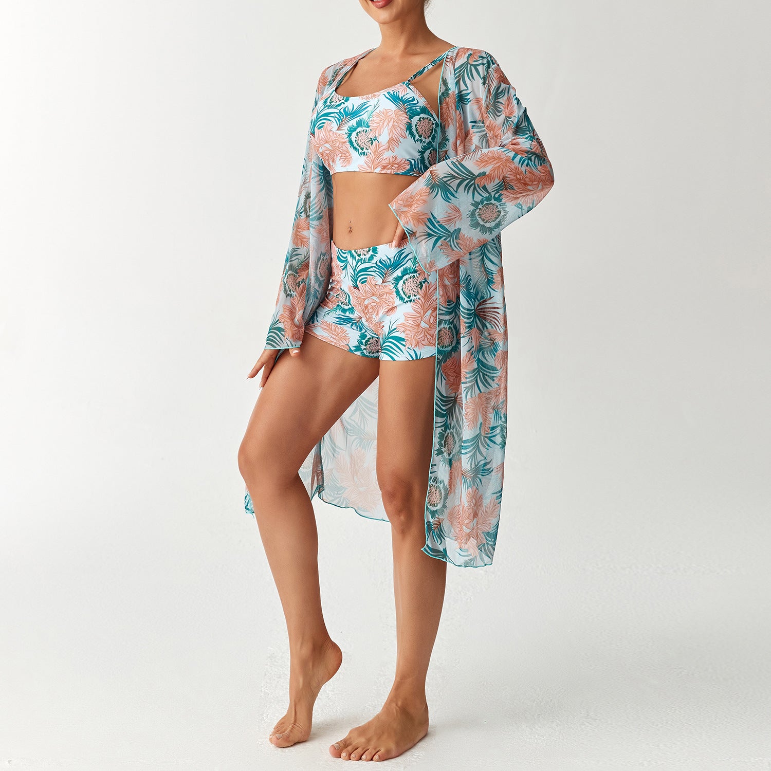 Long Sleeve Outfit Set with Digital Print Bikini Bottoms, Three-Piece Swimwear