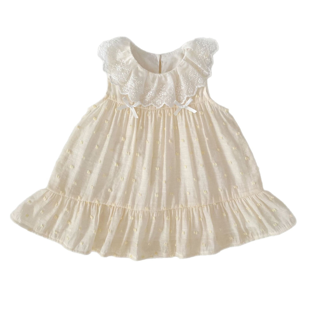 Girls' Summer Fresh Floral Print Sleeveless Dress with Lace Collar, Princess Style Ruffled Bodysuit Dress