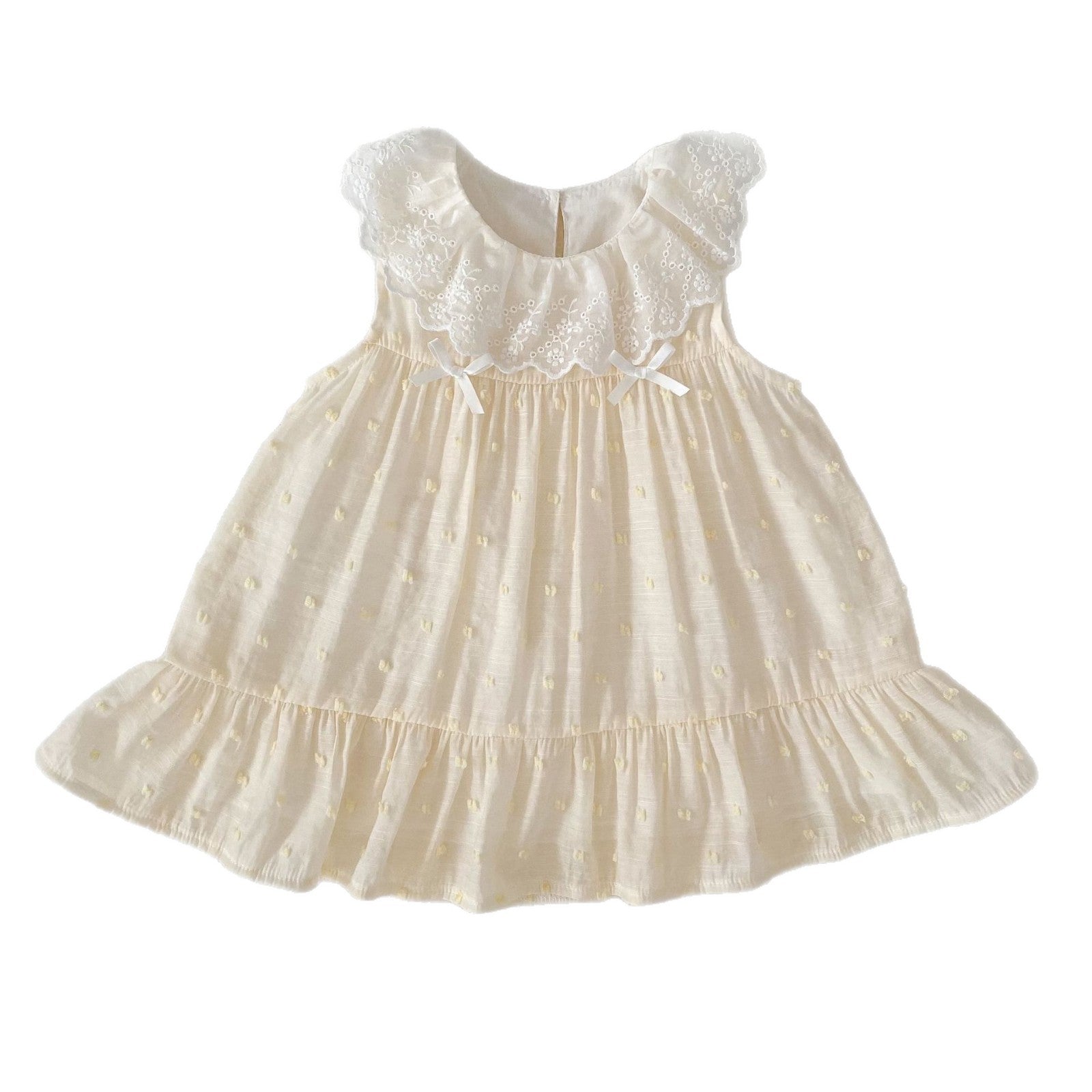 Girls' Summer Fresh Floral Print Sleeveless Dress with Lace Collar, Princess Style Ruffled Bodysuit Dress