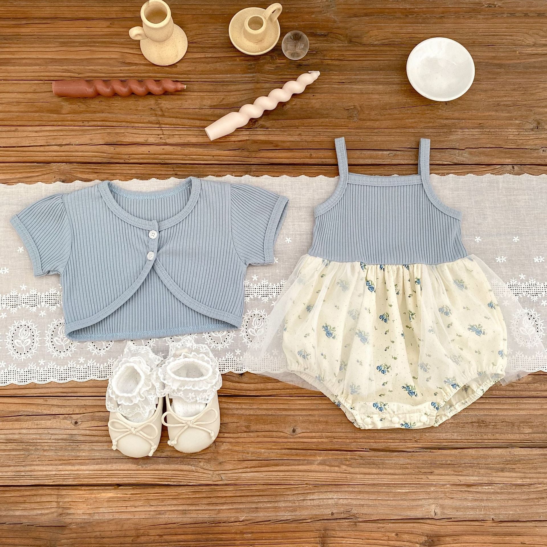Summer Baby Girl Floral Strap Romper Dress Lightweight Mesh Onesie Bodysuit + Detachable Small Jacket