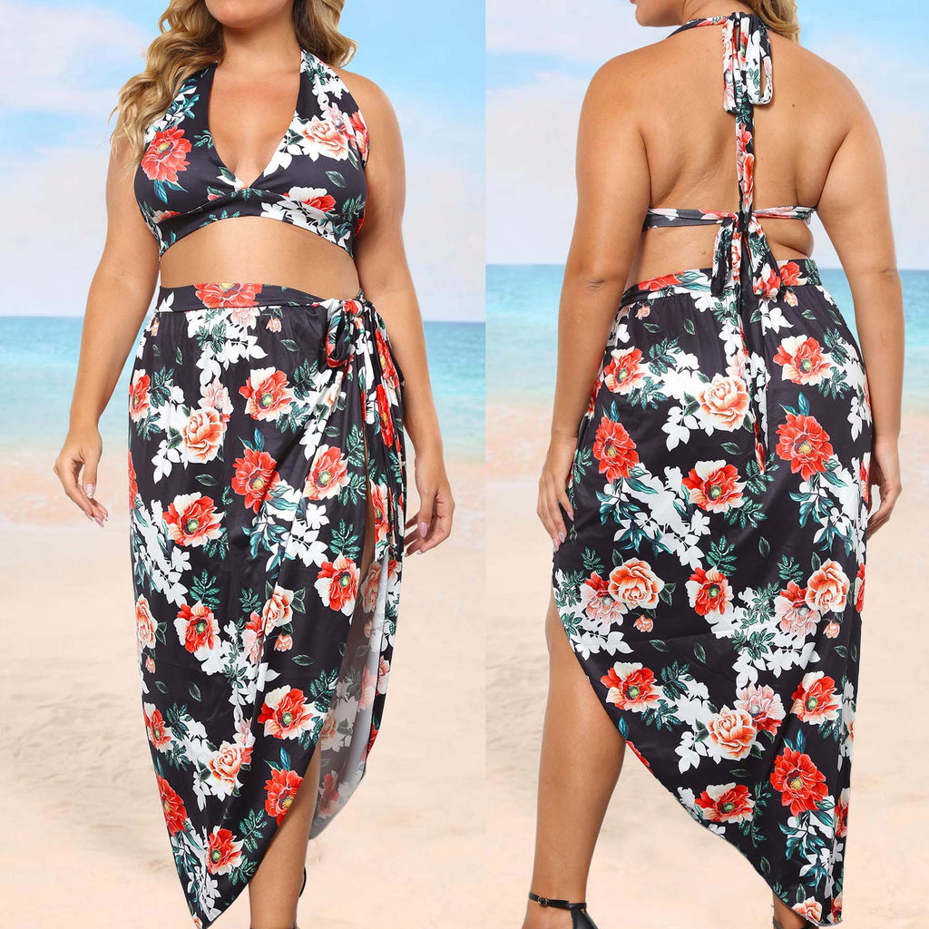 Women's Beach Set, Plus Size Women's Floral Print Tie-one-piece Two-piece Set