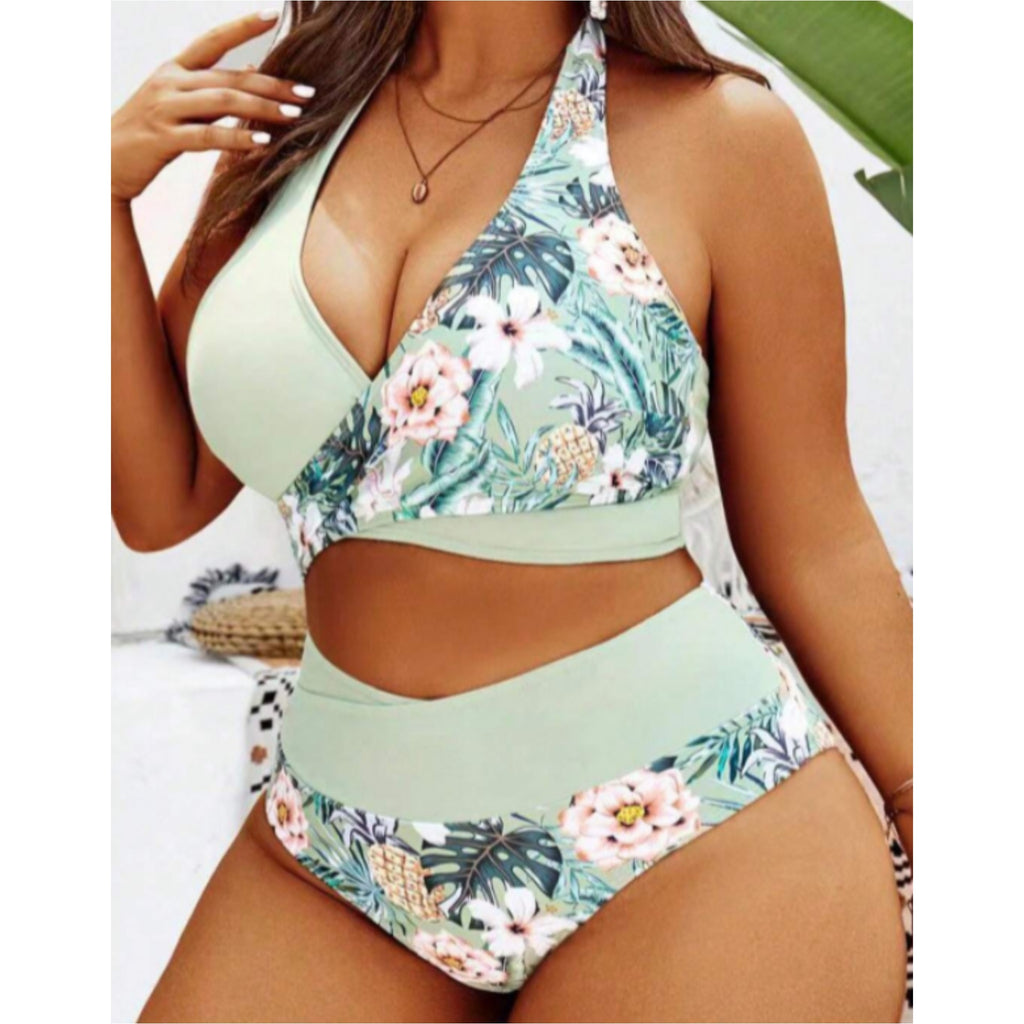 Printed splicing neck hanging split swimsuit