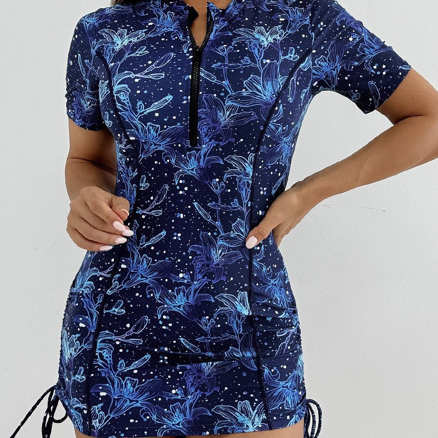 Tight Fit Swimwear with Zipper and Printed Short Sleeve Bikini One-Piece Swimsuit with Brief Bottoms