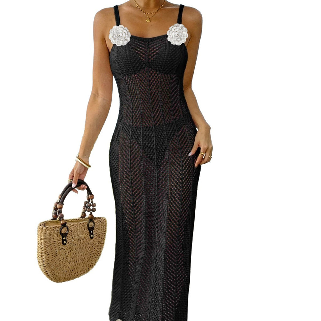 Ladies' Beach Cover-up Long Knit Hollow Out Sexy Fitted Dress with Hand-Crocheted Flower