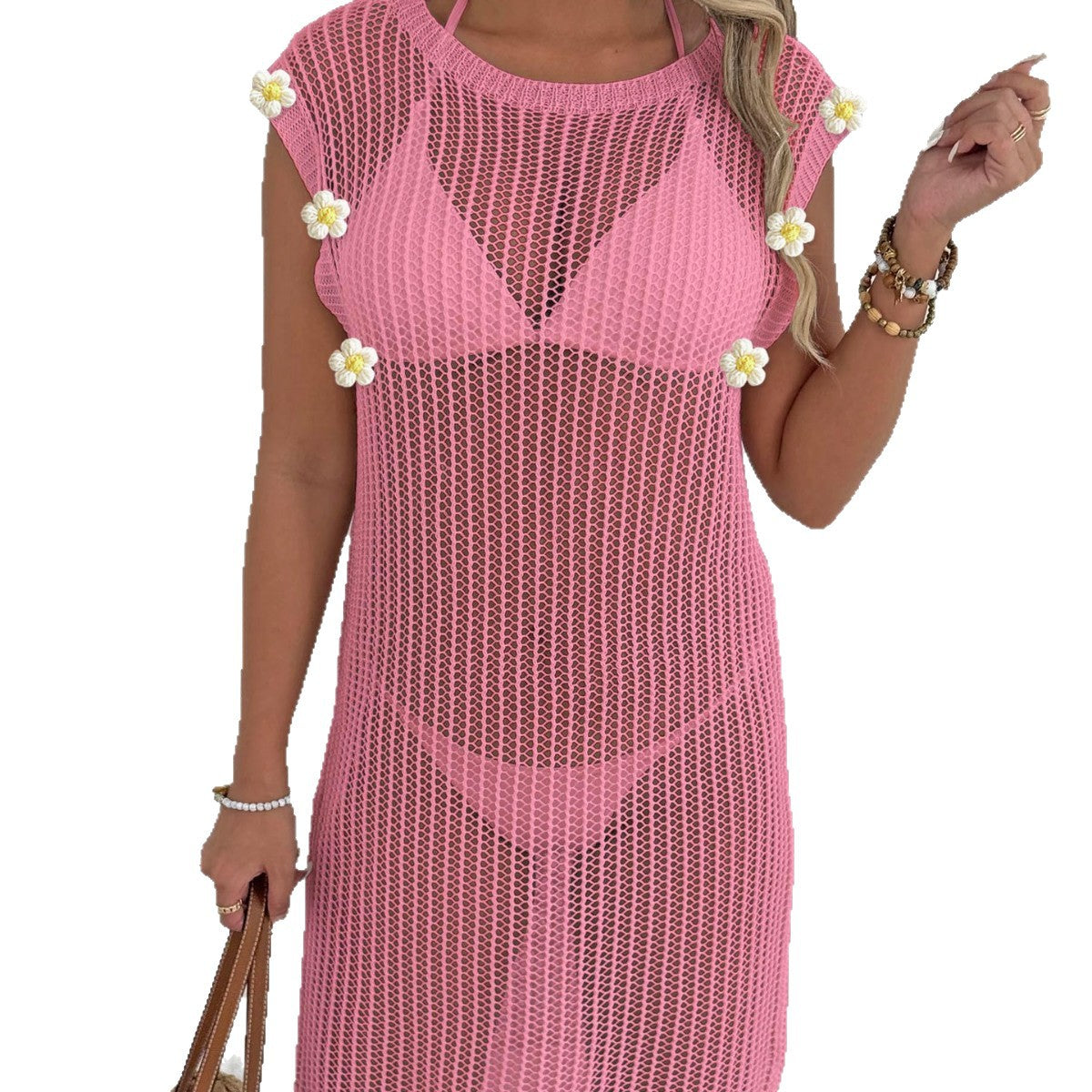 Beach Dress Vacation Bikini Cover-Up  Sexy Hollow-Out Sheer Fringe Patchwork Dress