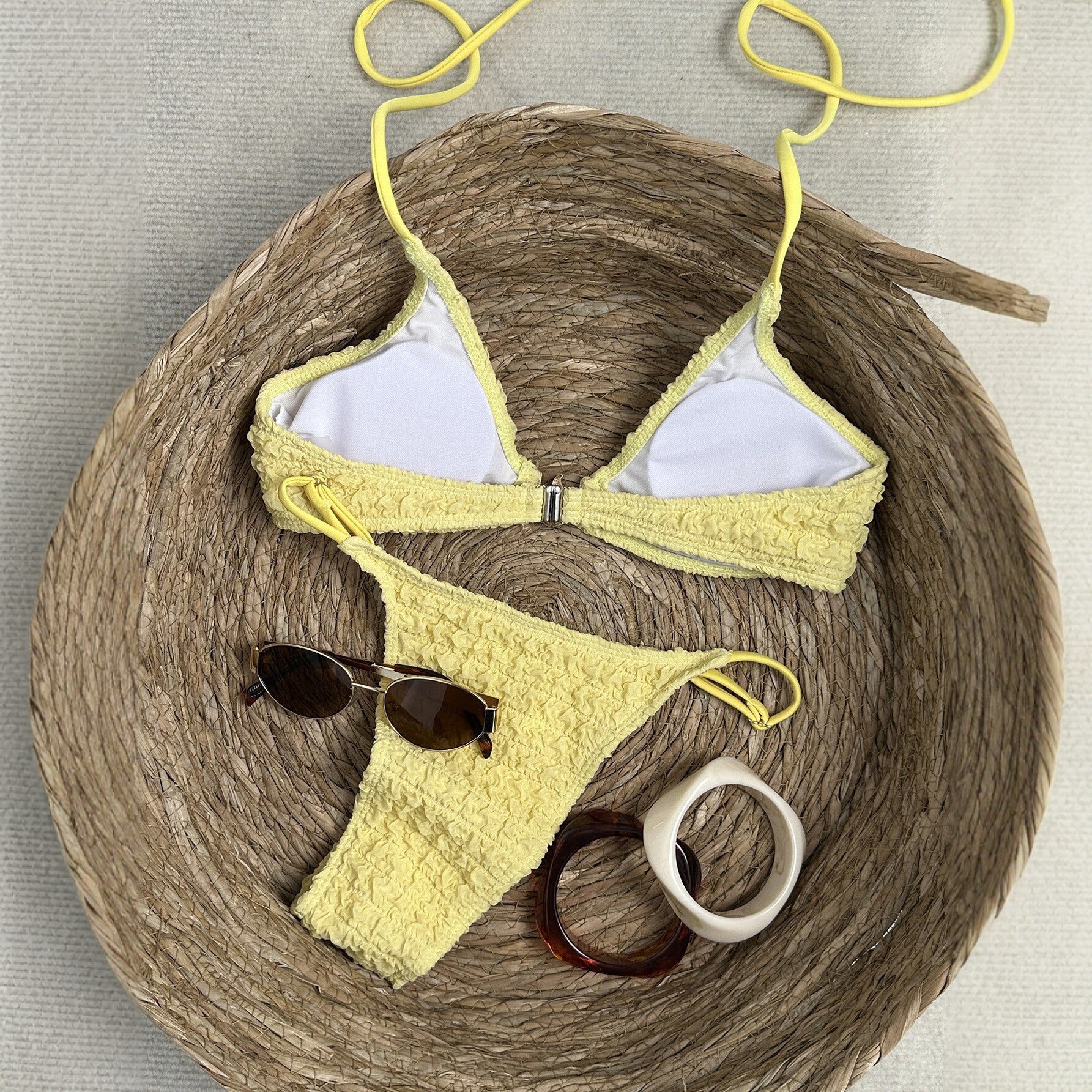 Yellow pleated bikini women's triangular cup swimsuit