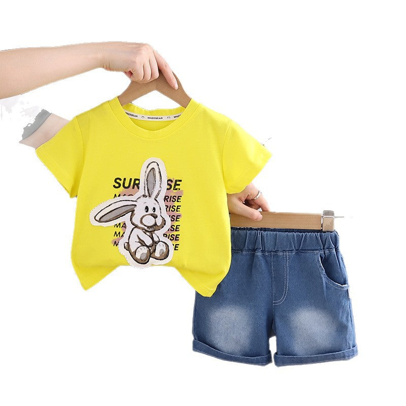 Rabbit print top denim shorts set