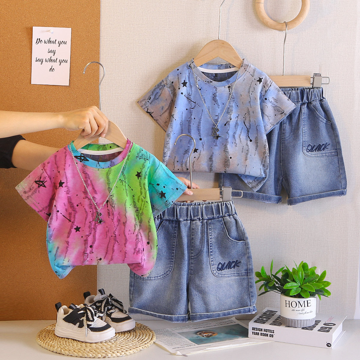 Short sleeved ripped tie dye round neck top and shorts set