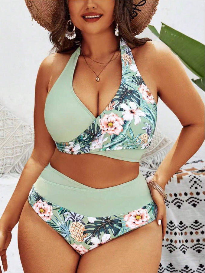 Printed splicing neck hanging split swimsuit