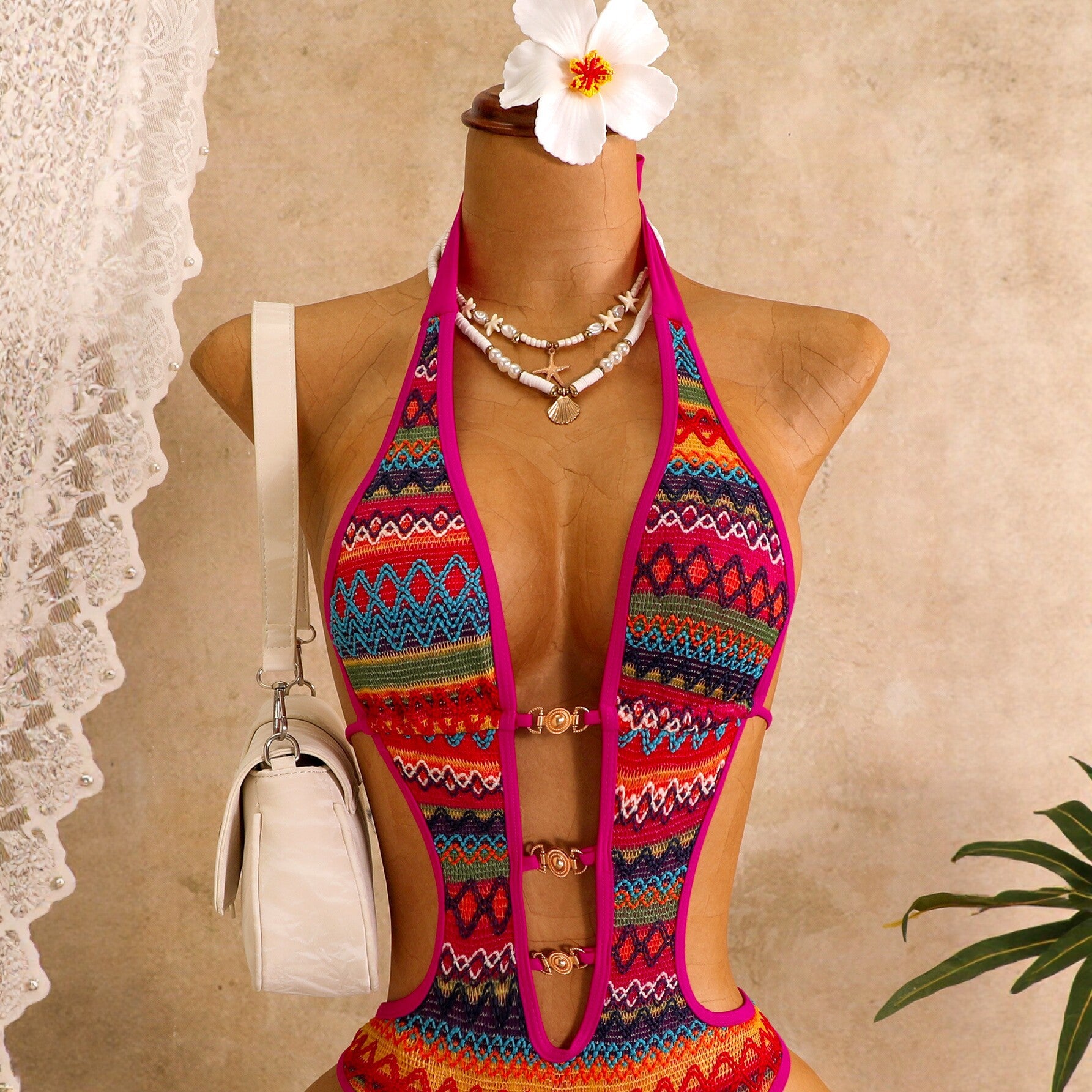 Colorful knitted one-piece swimsuit women's hollow strap bikini swimsuit
