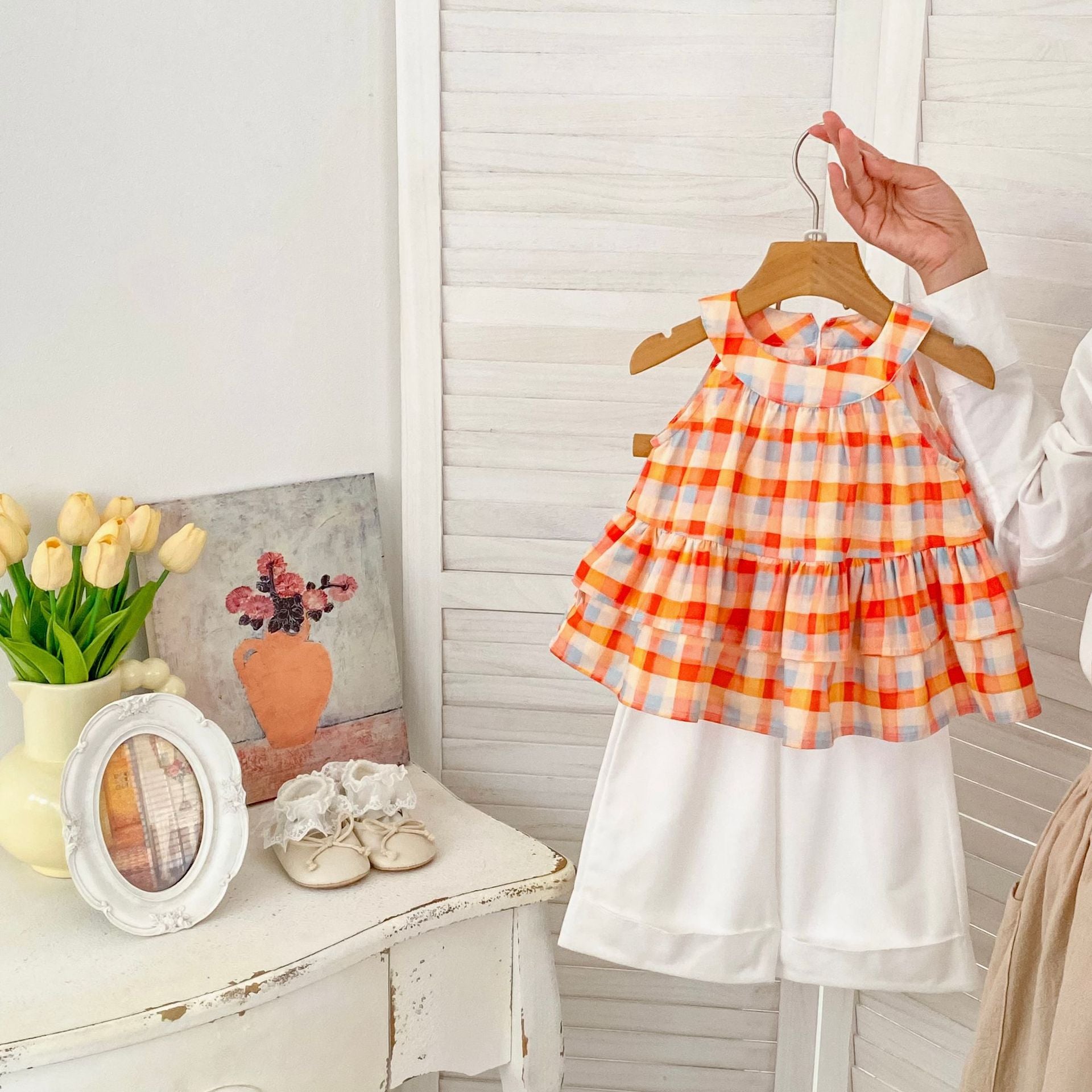 Cute Summer Plaid Sleeveless Vest Top and Solid Color Wide Leg Pants Two-Piece Set for Girls Casual Sweet Outfit