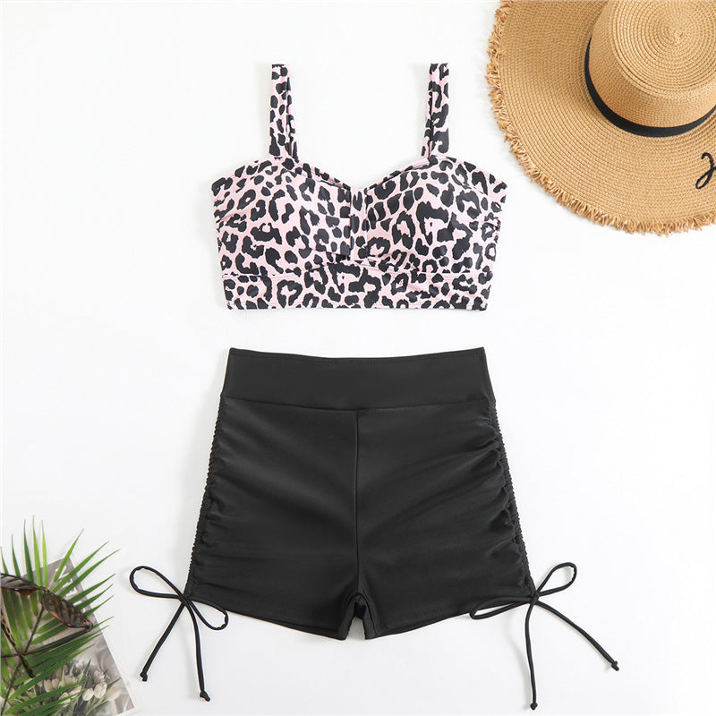 Leopard stripe drawstring high waist flat angle bikini