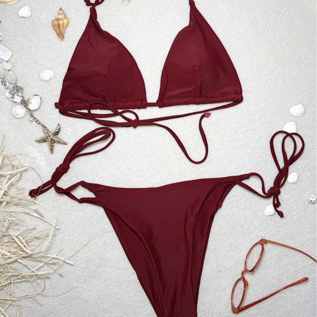 Swimsuit women's three-point sexy bikini solid color strap swimsuit