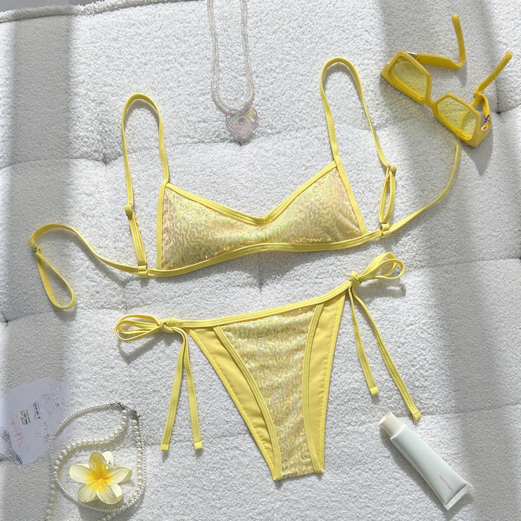 Yellow sequined bikini sexy triangular cup strap swimsuit for women