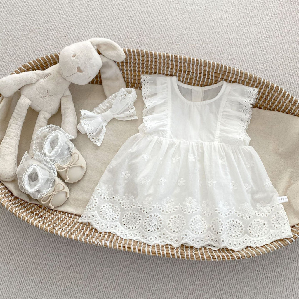 Cute Flutter Sleeve Baby Romper Dress for Girls, Summer Forest Style Infant Onesie with Hairband Included