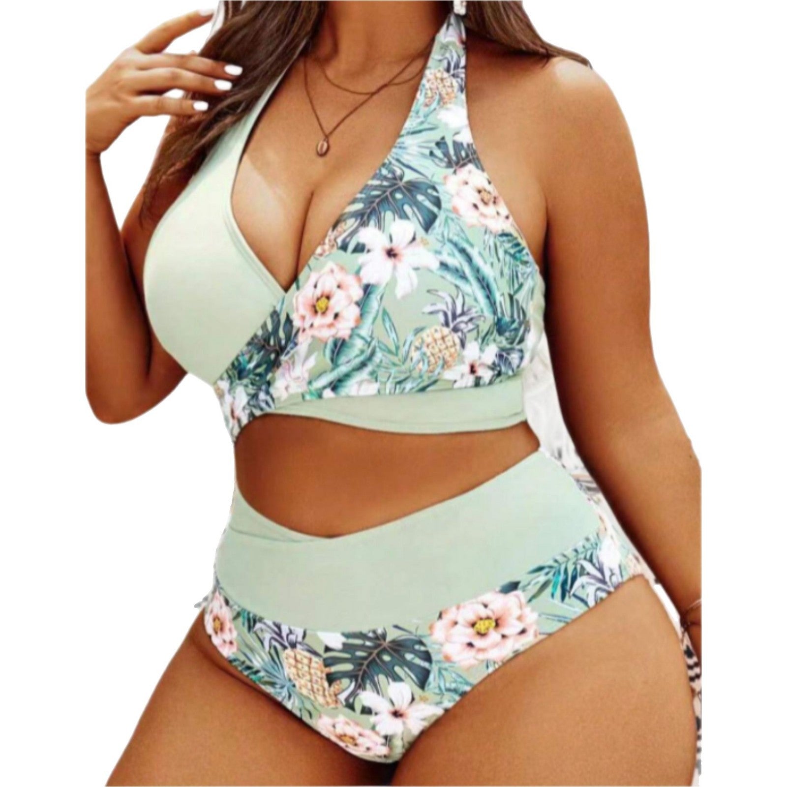 Printed splicing neck hanging split swimsuit