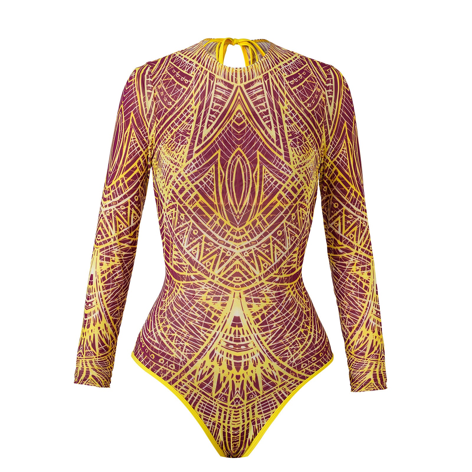 Long Sleeve Mesh One-Piece Swimsuit,  Russian Swimwear with Short Skirt Design