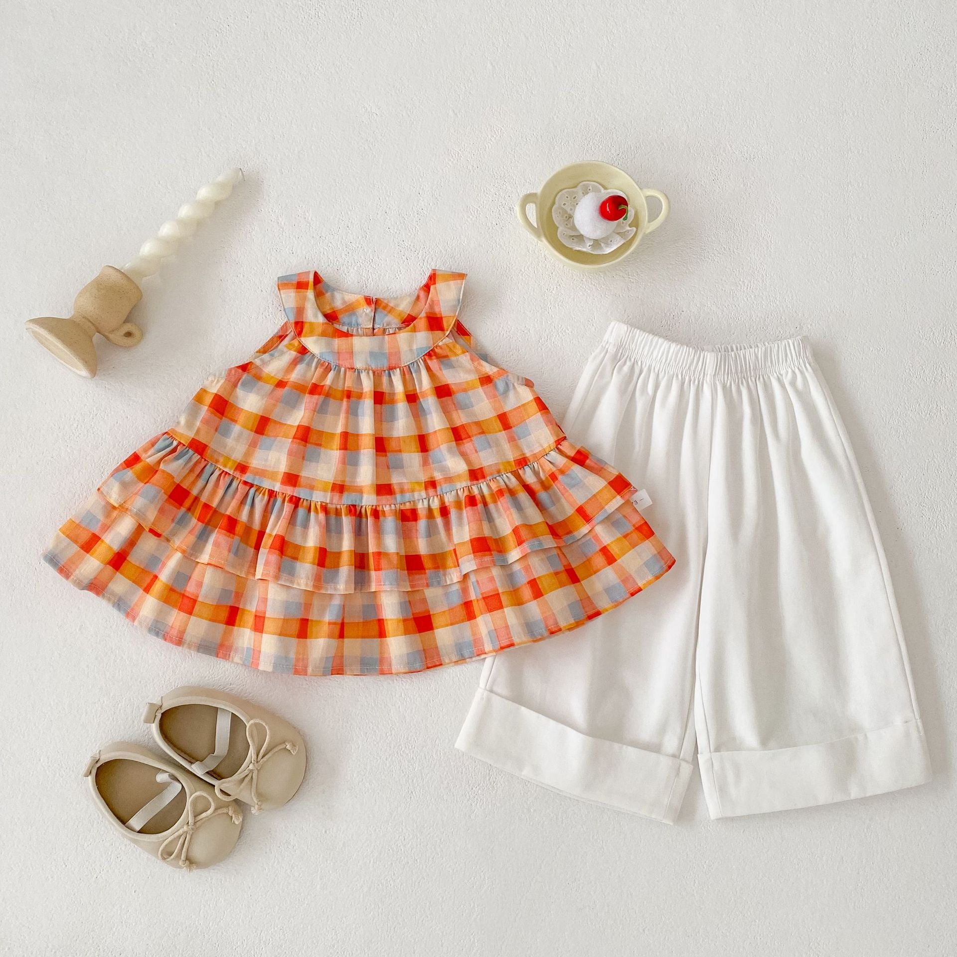 Cute Summer Plaid Sleeveless Vest Top and Solid Color Wide Leg Pants Two-Piece Set for Girls Casual Sweet Outfit