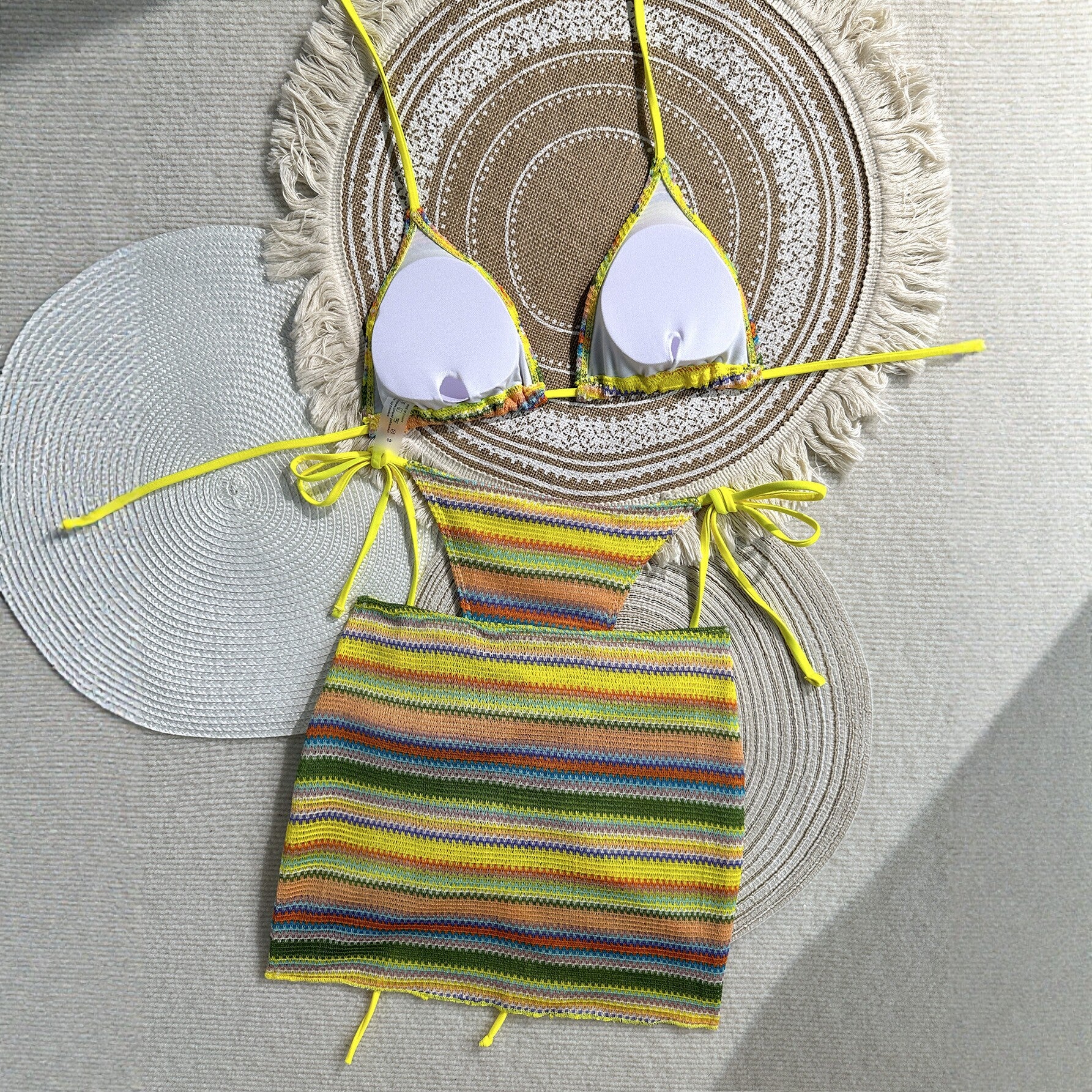Knitted three piece swimsuit women's striped bikini