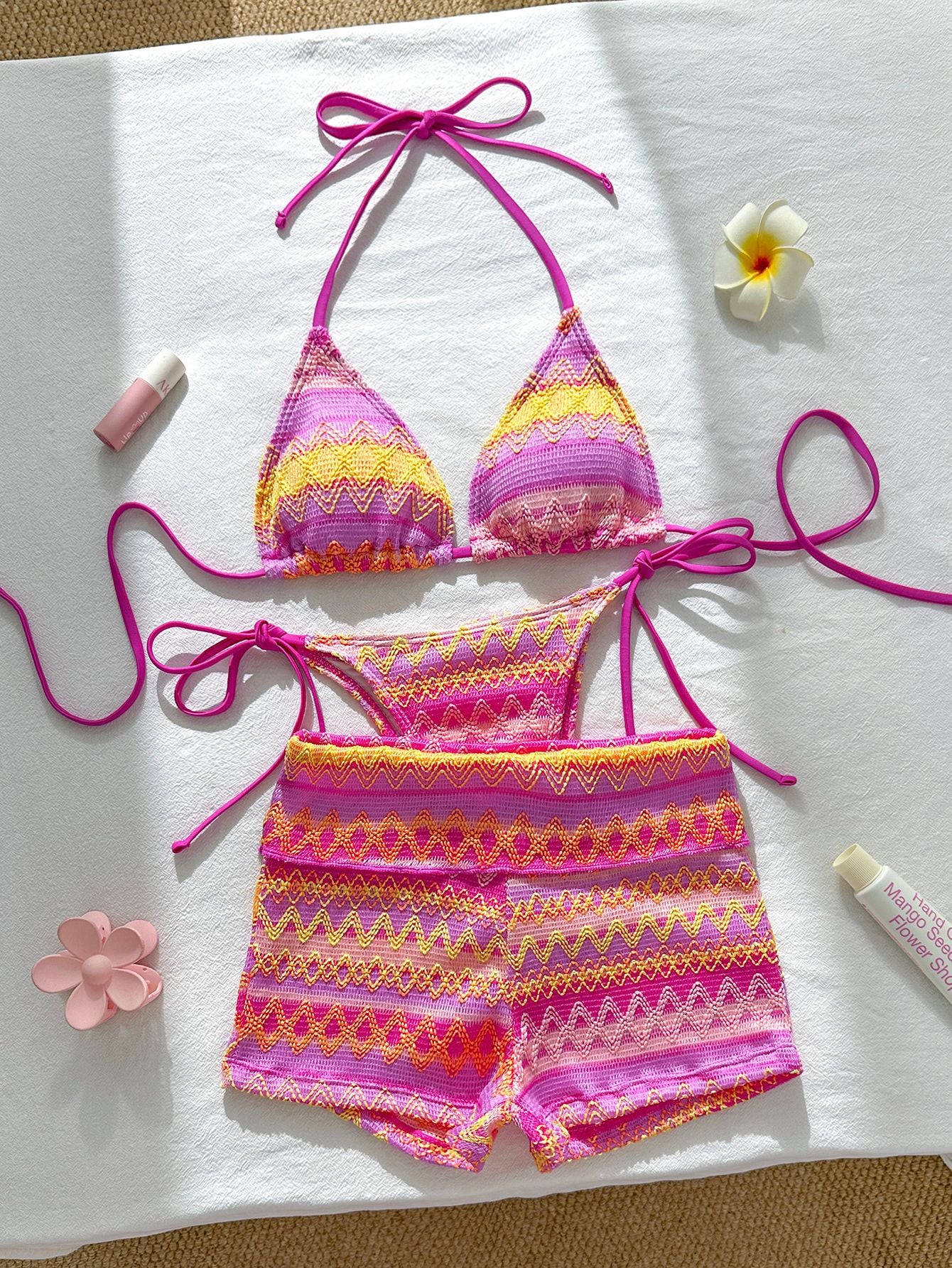 Knitted three piece swimsuit women's neck hanging colorful bikini swimsuit