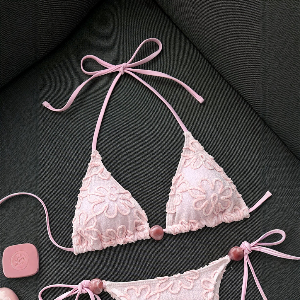 Pink lace bikini women's triangular cup neck strap swimsuit