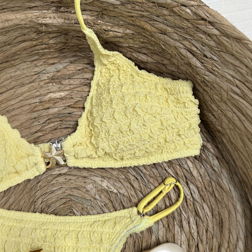 Yellow pleated bikini women's triangular cup swimsuit