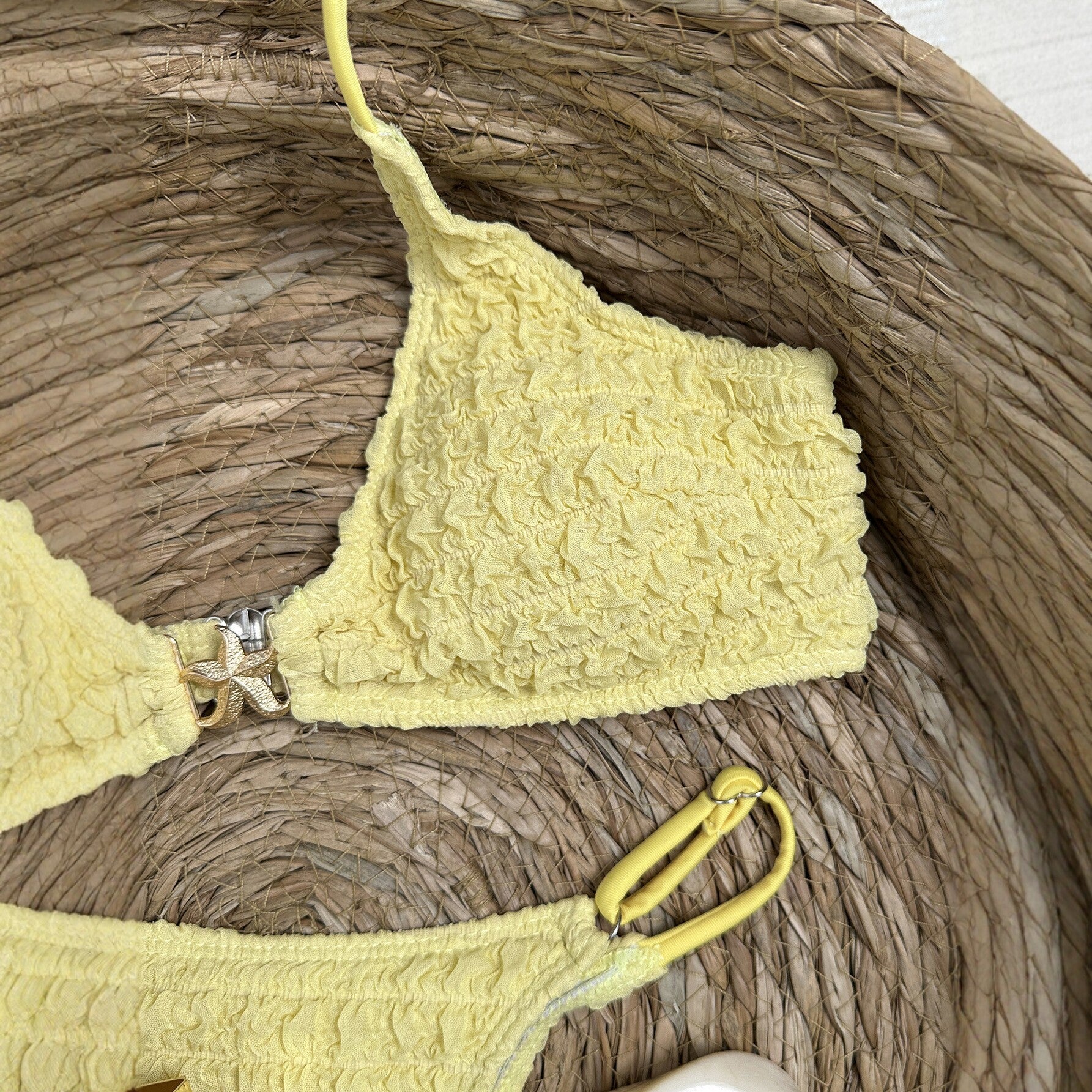 Yellow pleated bikini women's triangular cup swimsuit