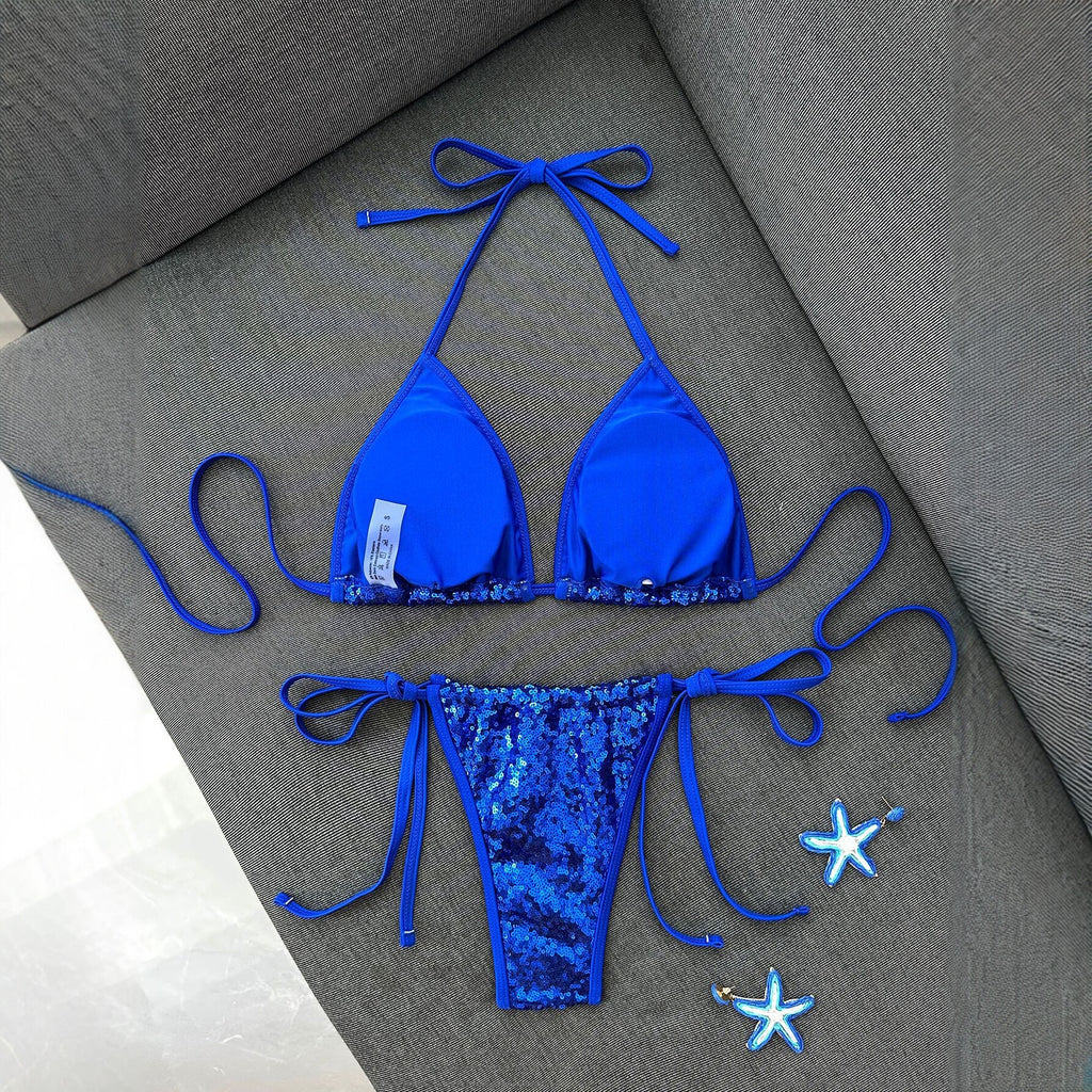 Blue sequined bikini women's triangular cup hanging neck strap sexy swimsuit set