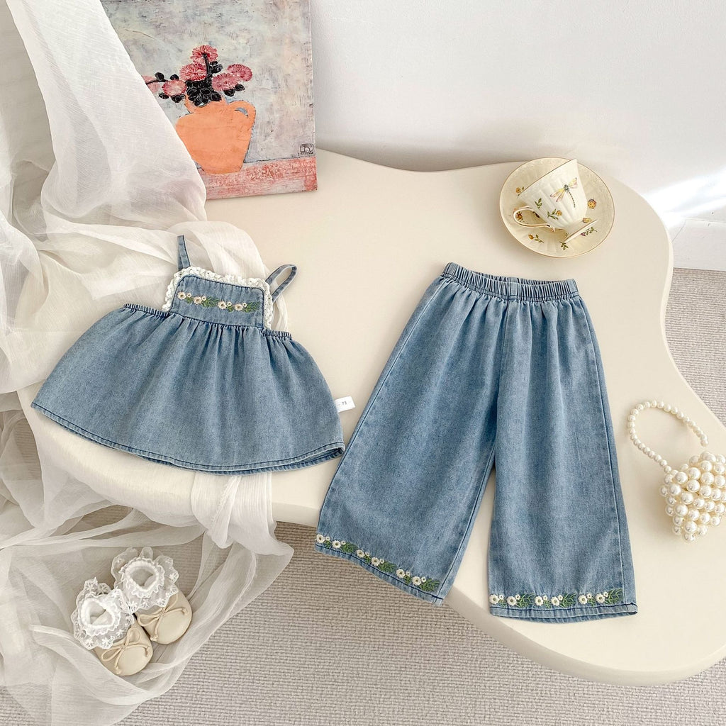 Cute Floral Embroidered Strap Top + Straight Leg Wide Leg Pants Two-Piece Set for Girls Summer Fashion Denim Outfit