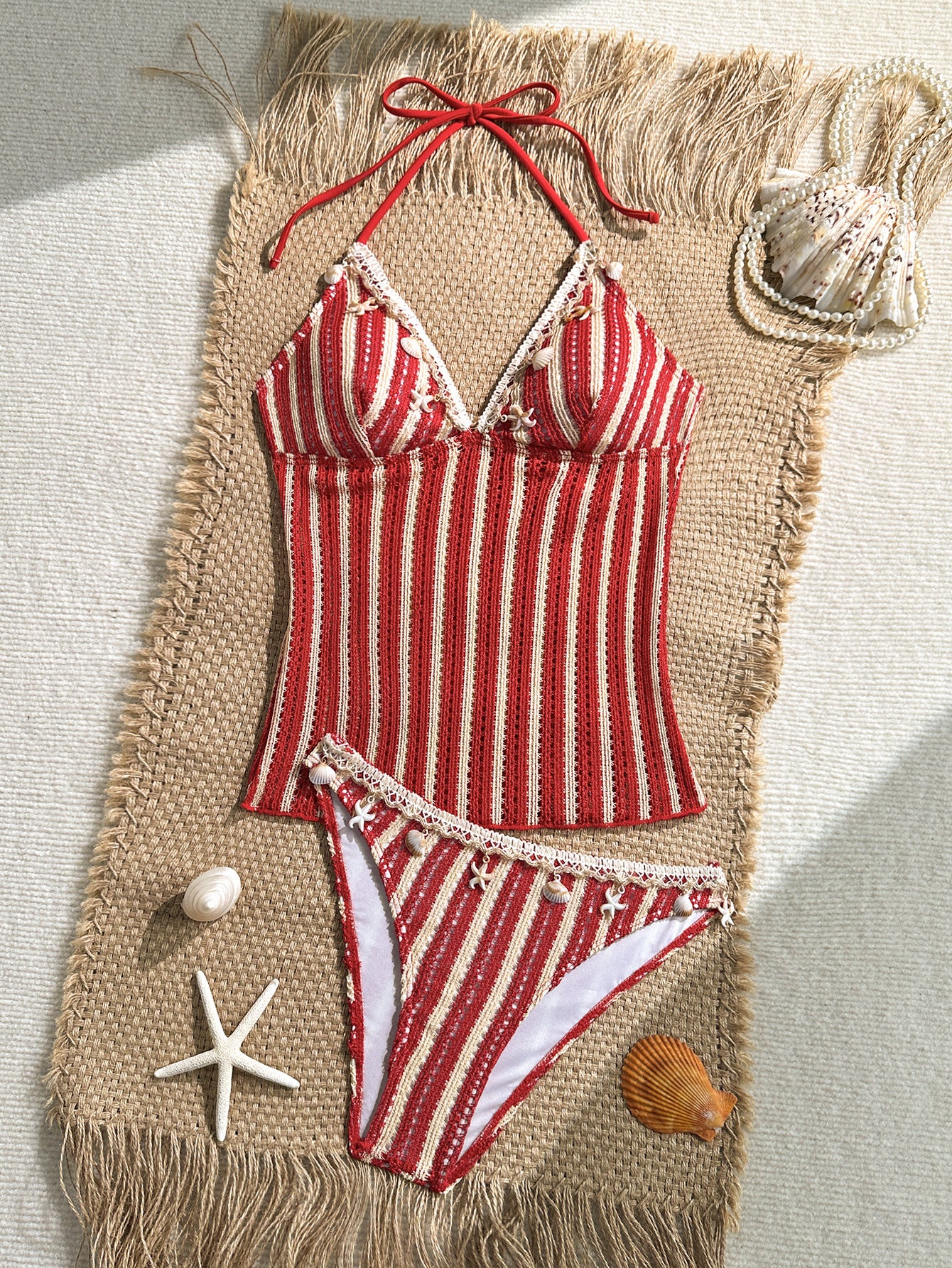 Black and white striped shell decoration hanging neck bikini swimsuit for women