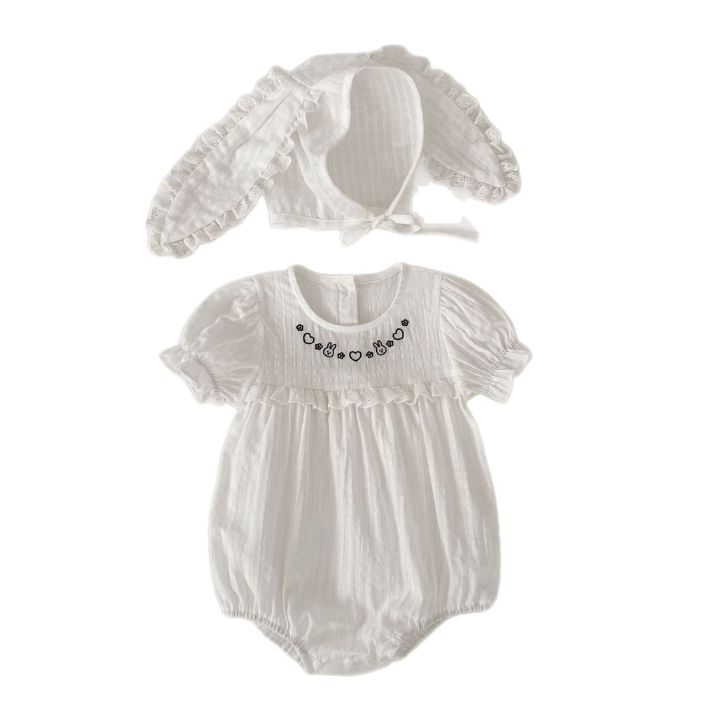 Baby Summer Thin Short Sleeve Triangular Romper for Girls with Cute Rabbit Embroidery