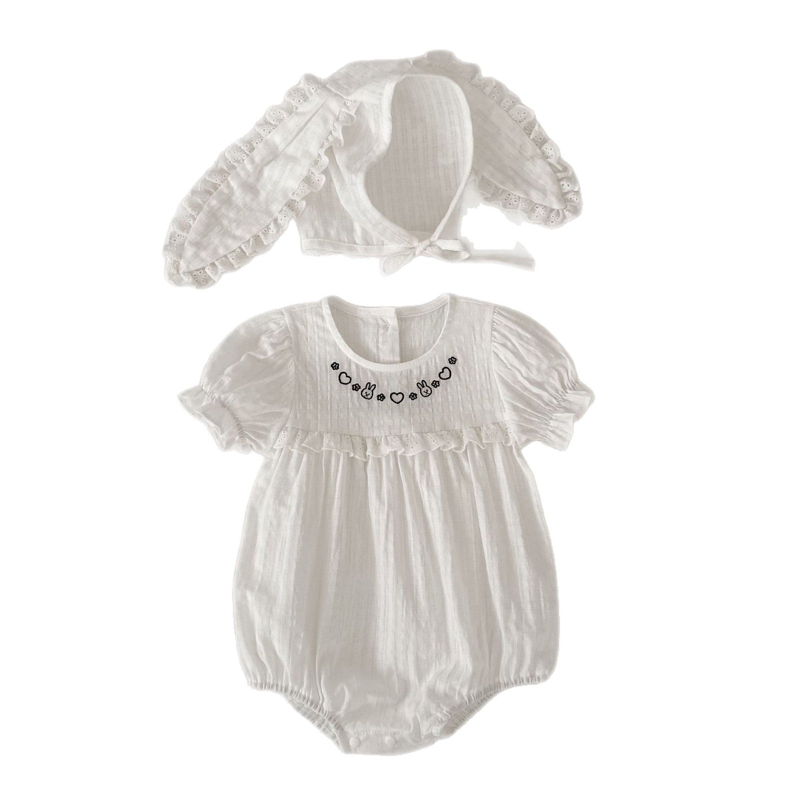 Baby Summer Thin Short Sleeve Triangular Romper for Girls with Cute Rabbit Embroidery