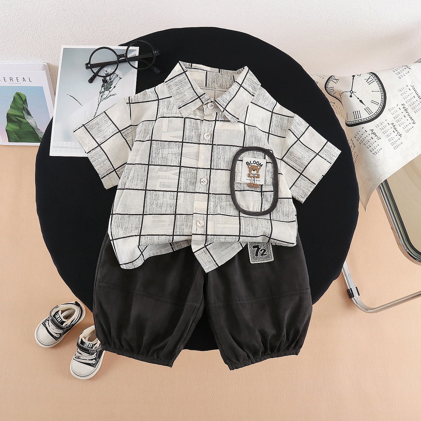 Short sleeved pocket striped top short sleeved set