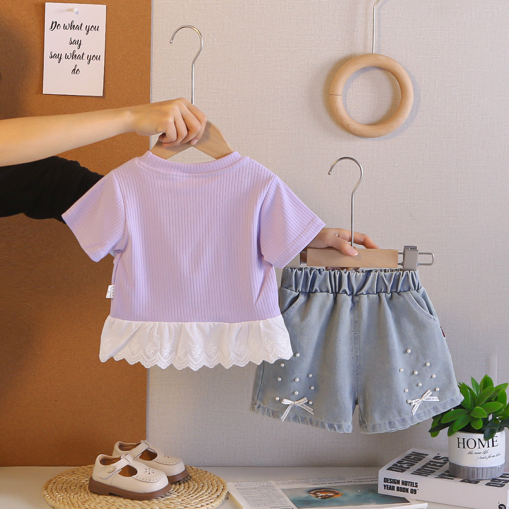 Round neck lace short sleeved bow top shorts set