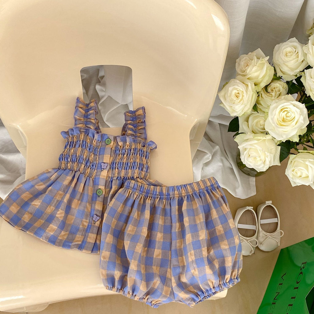 Charming Summer Girls' Plaid Outfit Set - Sleeveless Babydoll Top + Bloomer Shorts Two-Piece Set