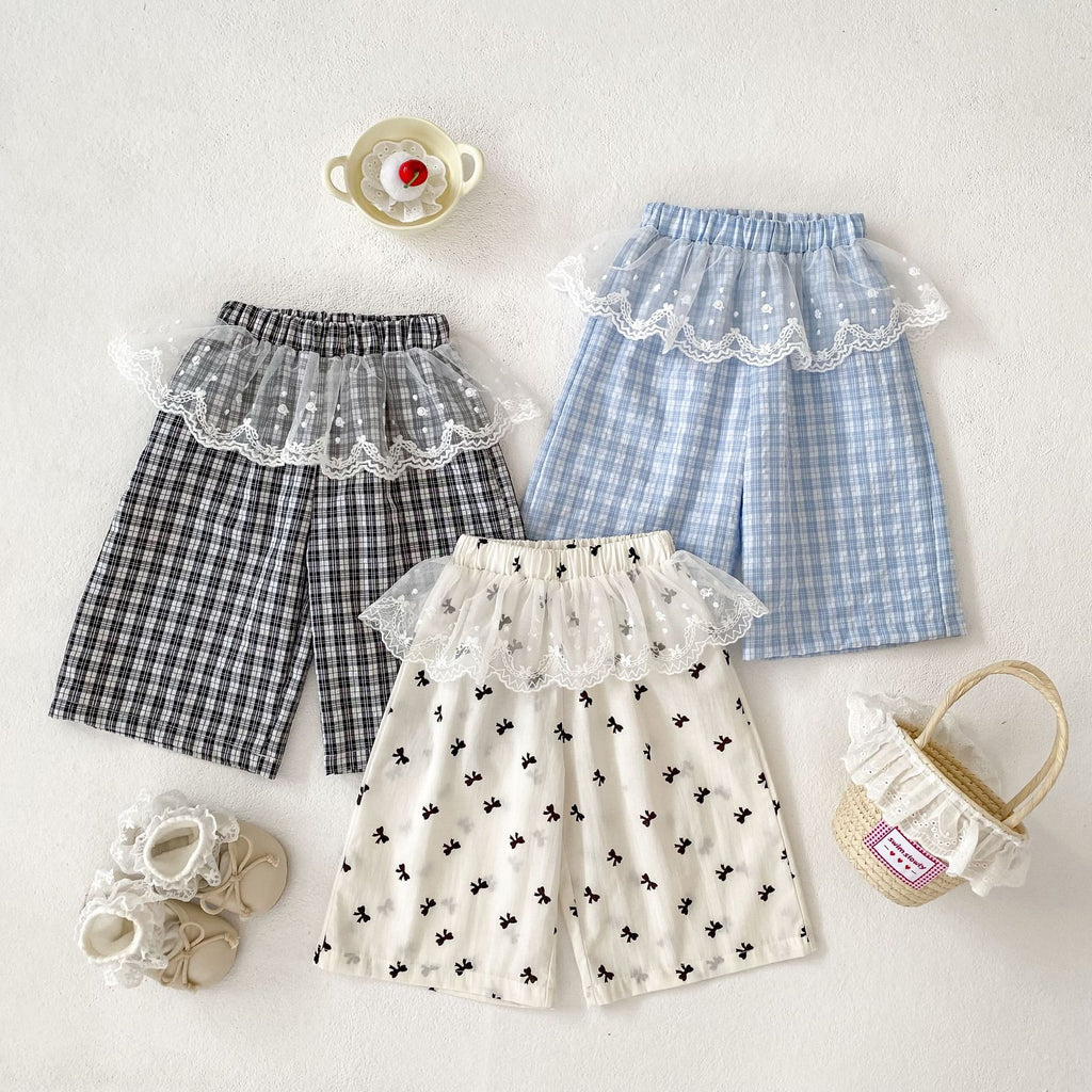 Girls' Summer Lightweight Breathable Wide-Leg Pants with Lace Trim, Three-Color Plaid, Bow Detail, Versatile 9/10th Length Trousers
