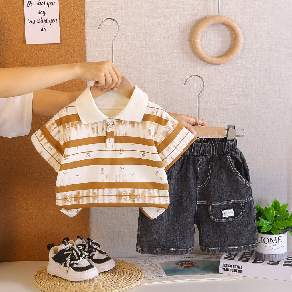 Short sleeved striped collar top shorts set