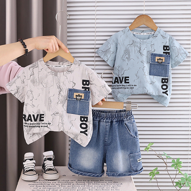 Round neck short sleeved top pocket jeans set