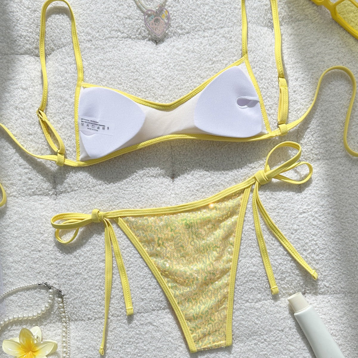 Yellow sequined bikini sexy triangular cup strap swimsuit for women