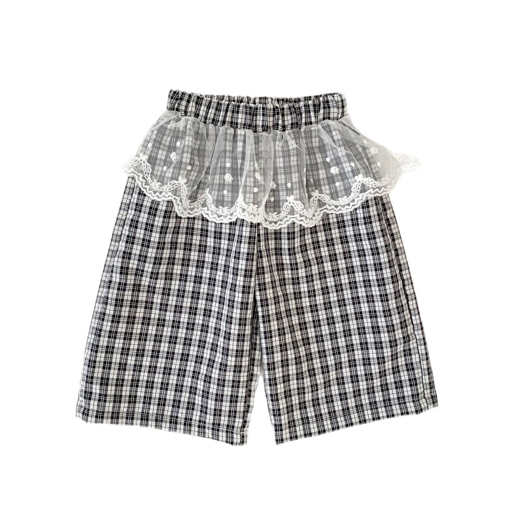 Girls' Summer Lightweight Breathable Wide-Leg Pants with Lace Trim, Three-Color Plaid, Bow Detail, Versatile 9/10th Length Trousers