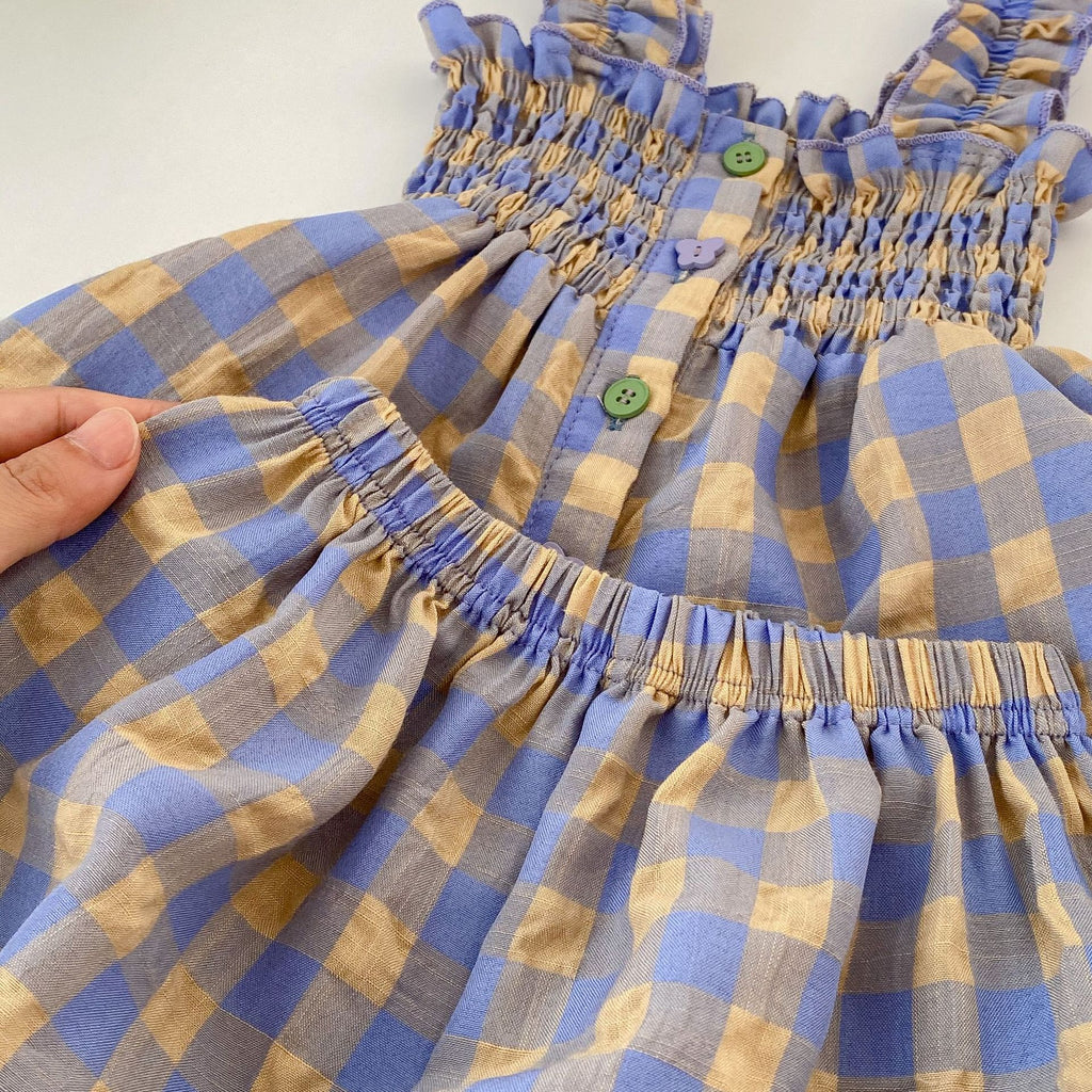 Charming Summer Girls' Plaid Outfit Set - Sleeveless Babydoll Top + Bloomer Shorts Two-Piece Set